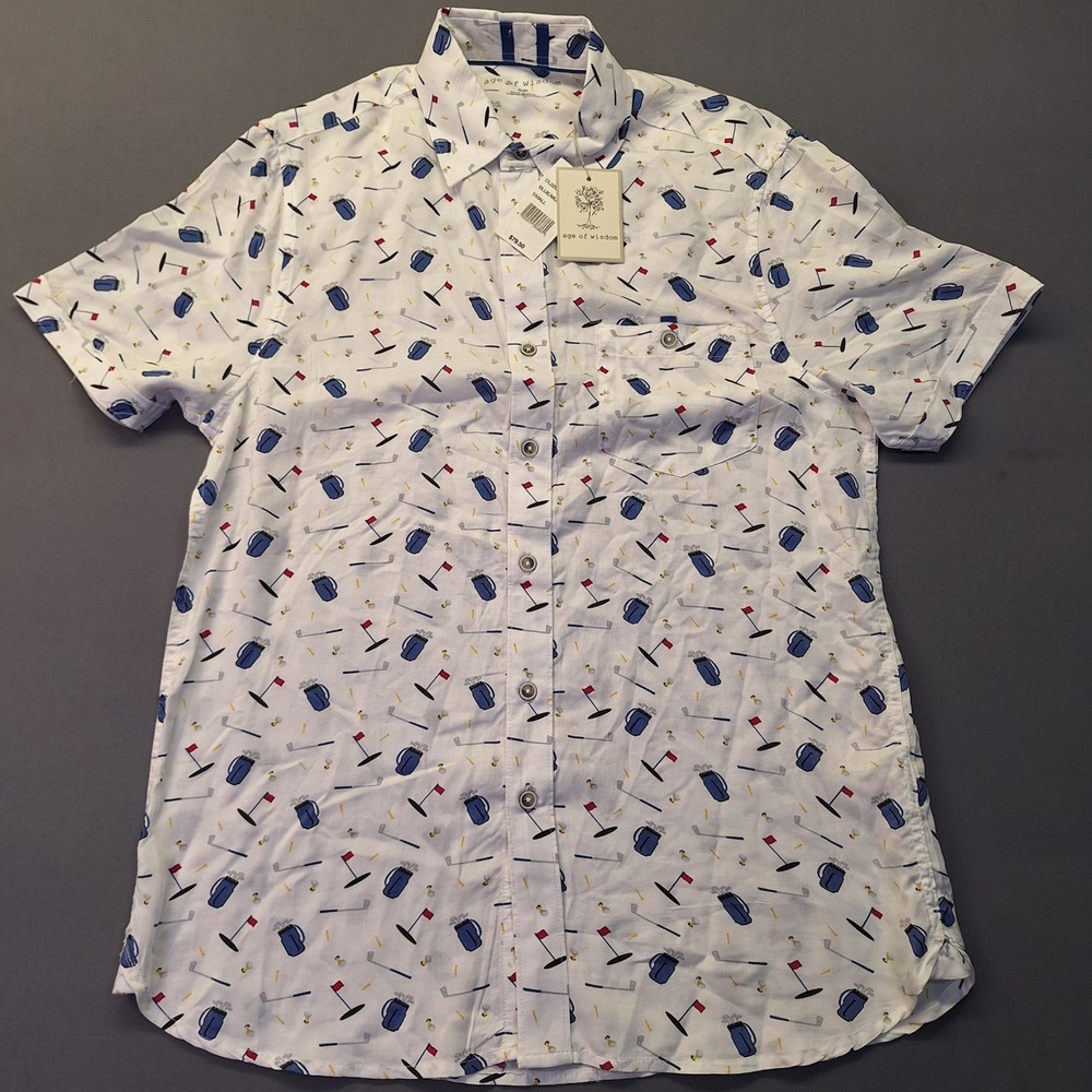 Age of Wisdom Mens White Golf Print Modal Short Sleeve Button Down Shirt Small